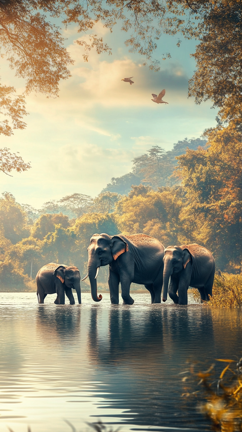 Elephants play happily in lake in Africa.