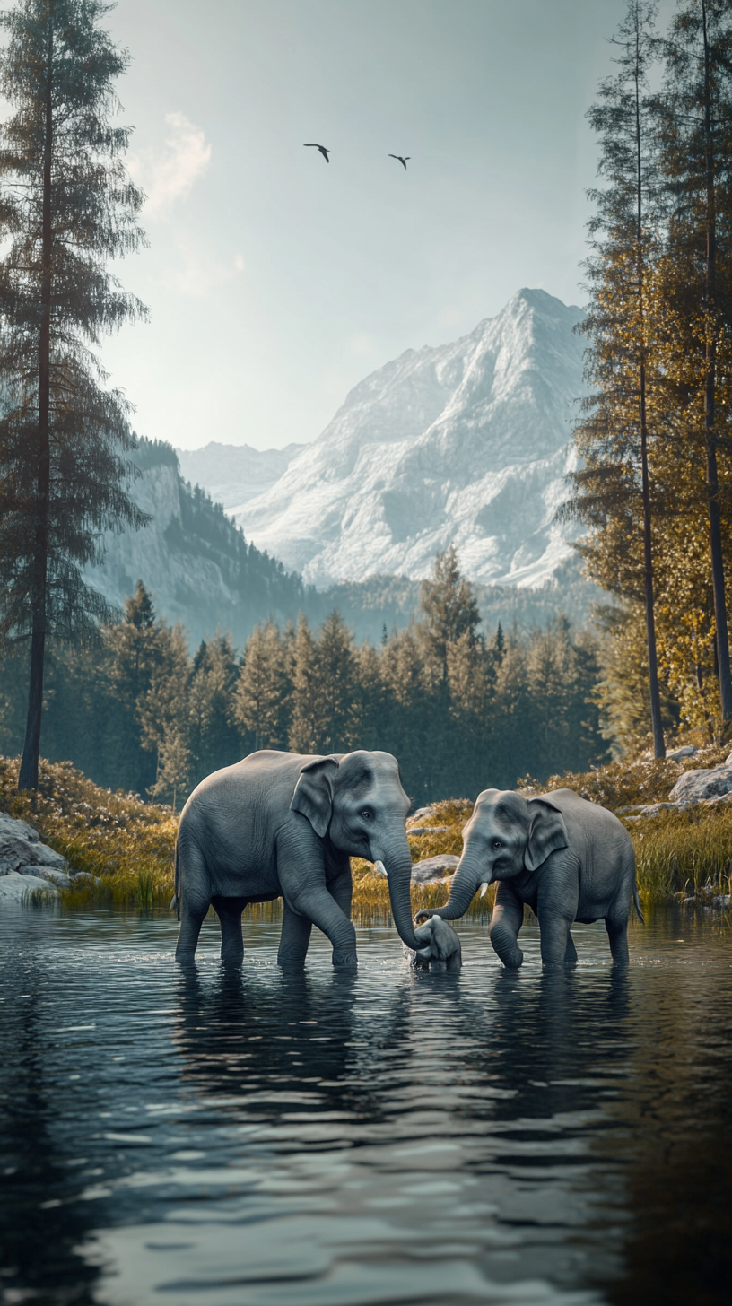 Elephants playing happily in the lake