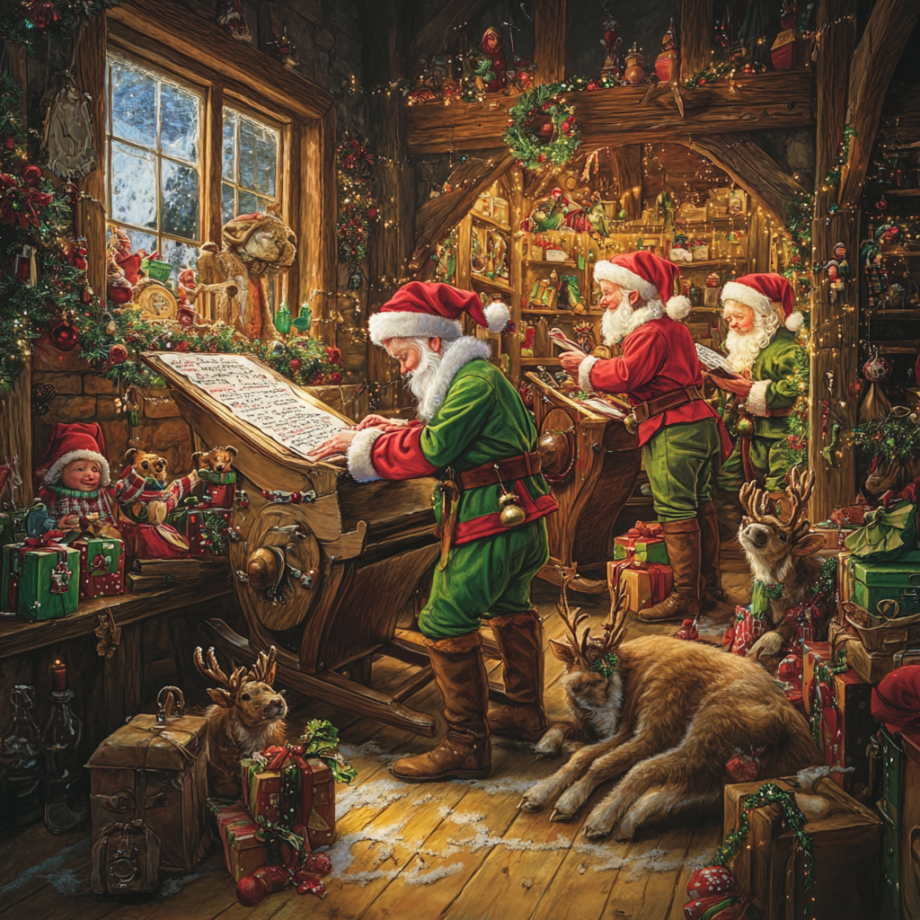 Elf checking list, Santa's sleigh filled with toys.