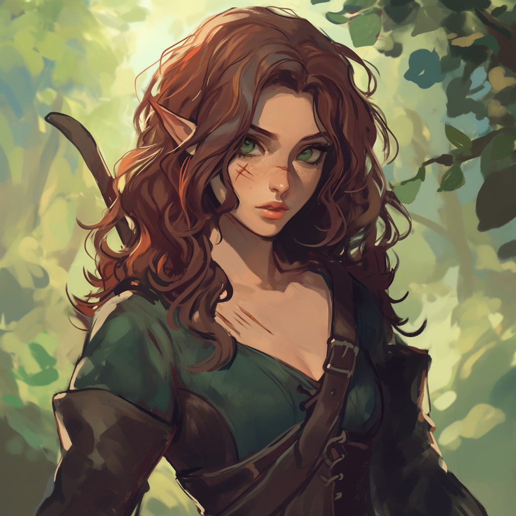 Elf female with brown hair and scar on cheek.