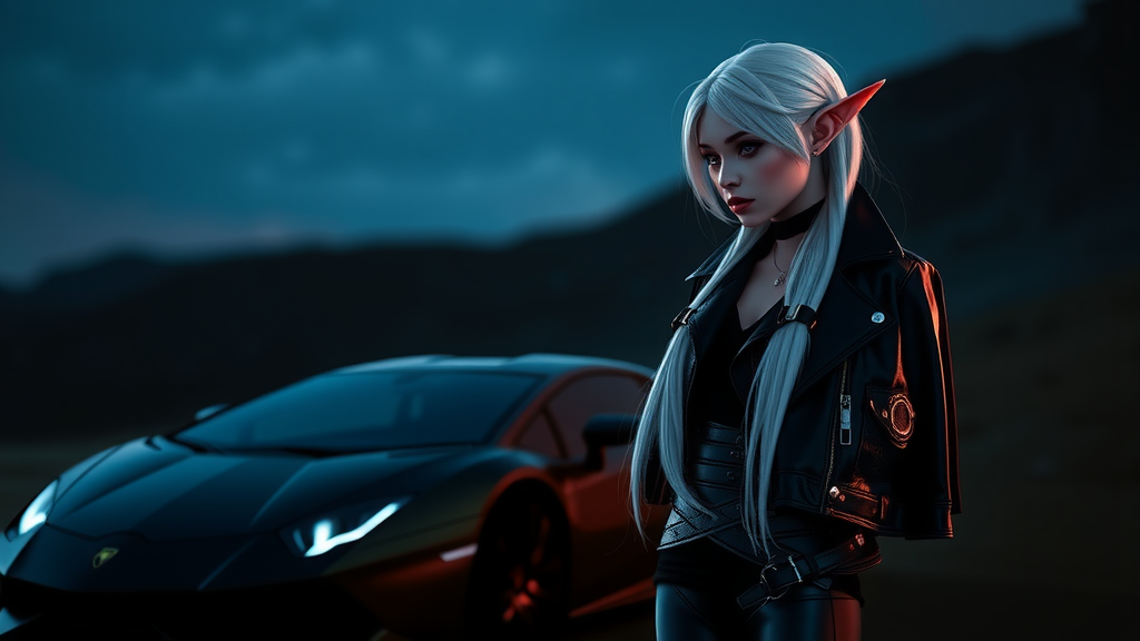 Elf girl admires Lamborghini at night