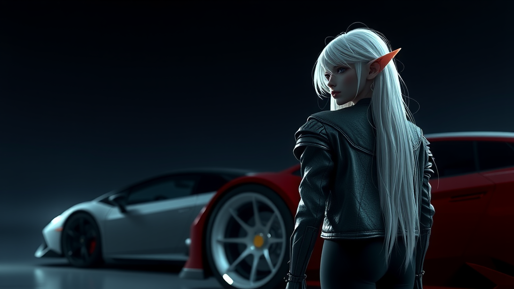 Elf girl admires car at night.