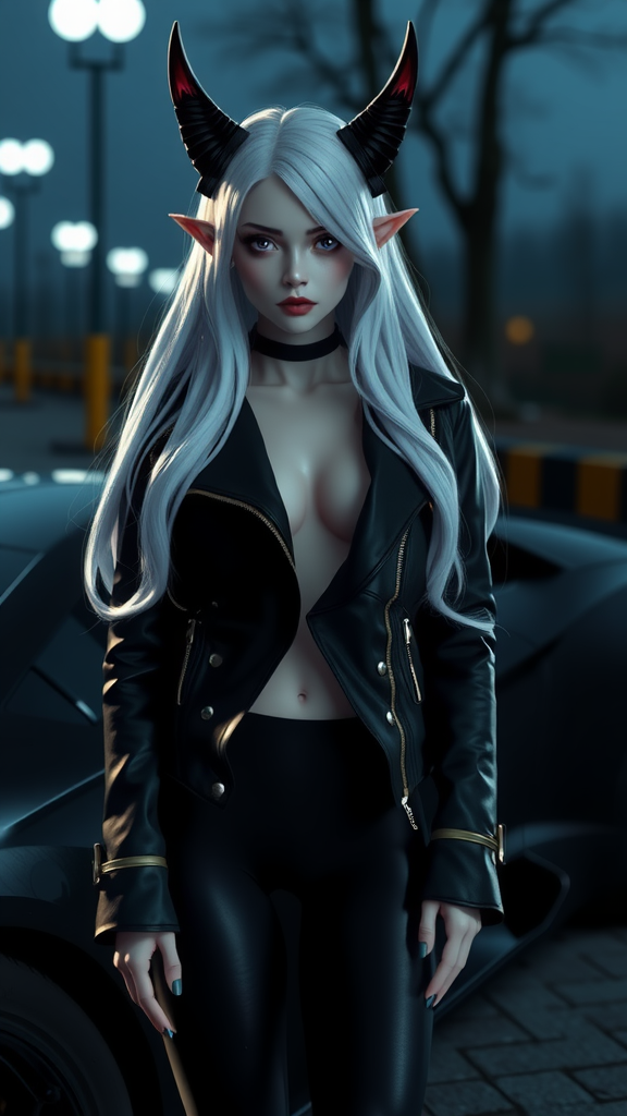 Elf girl in leather by Lamborghini, ultra realistic, detailed