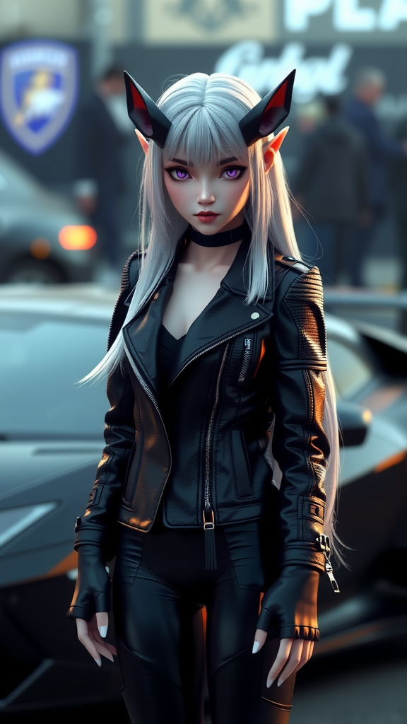 Elf girl in leather by Lamborghini at night.