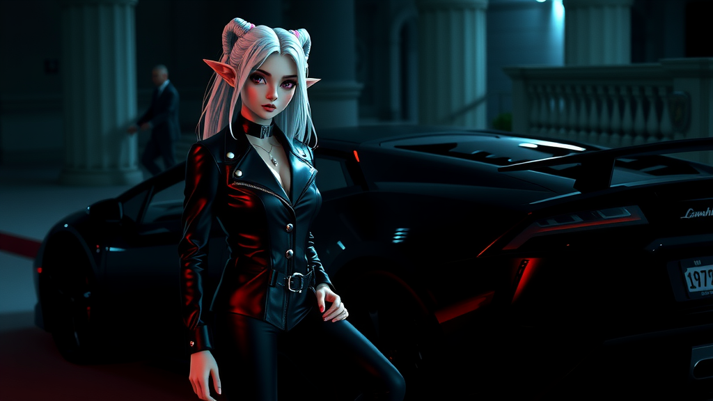 Elf girl in leather jacket near Lamborghini car