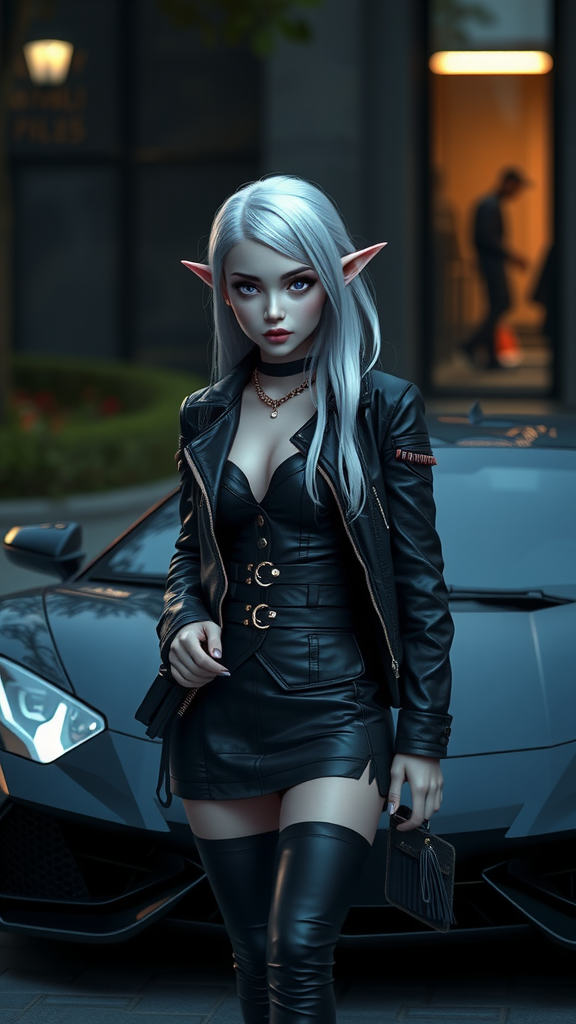 Elf girl near Lamborghini: Realistic Detailed Image