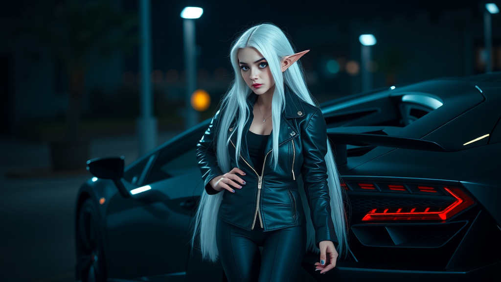 Elf girl standing by Lamborghini Aventador at night.