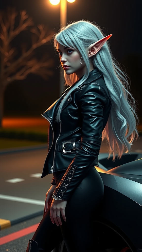 Elf girl stands near Lamborghini, gazing at horizon