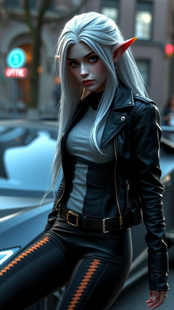 Elf girl with white hair by Lamborghini car.