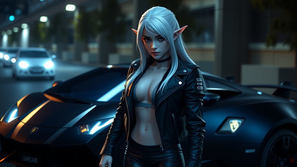 Elf girl with white hair near Lamborghini car.