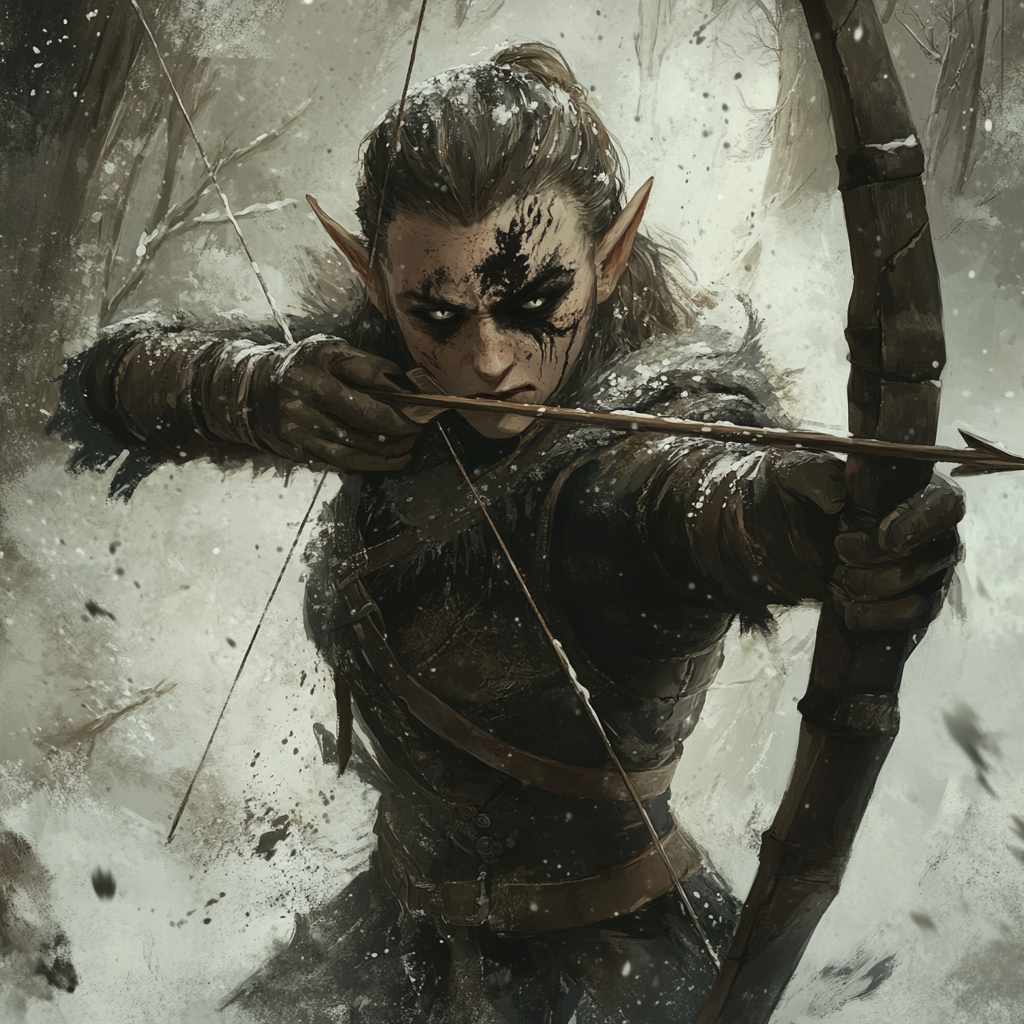 Elf ranger with black ink blots aiming bow angrily.