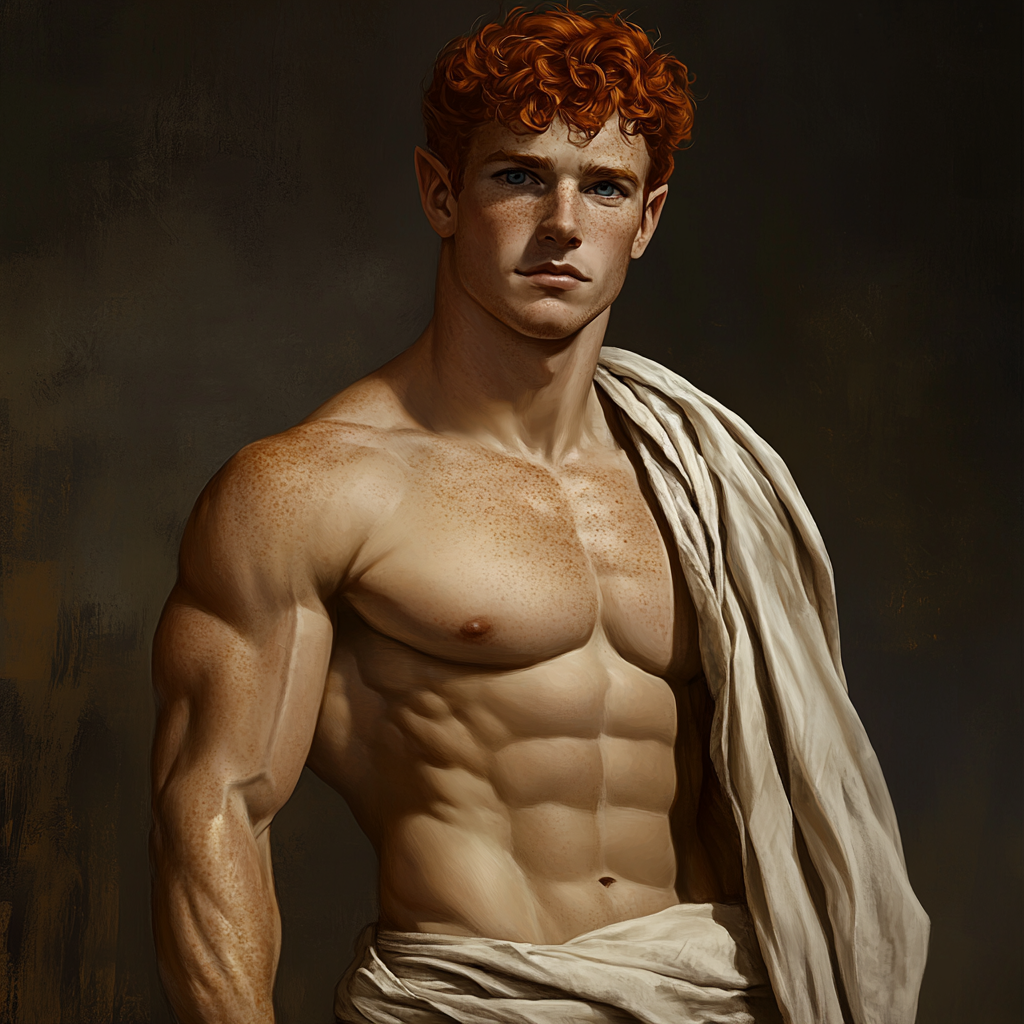 Elf with red hair, blue eyes, defined muscles, freckles.