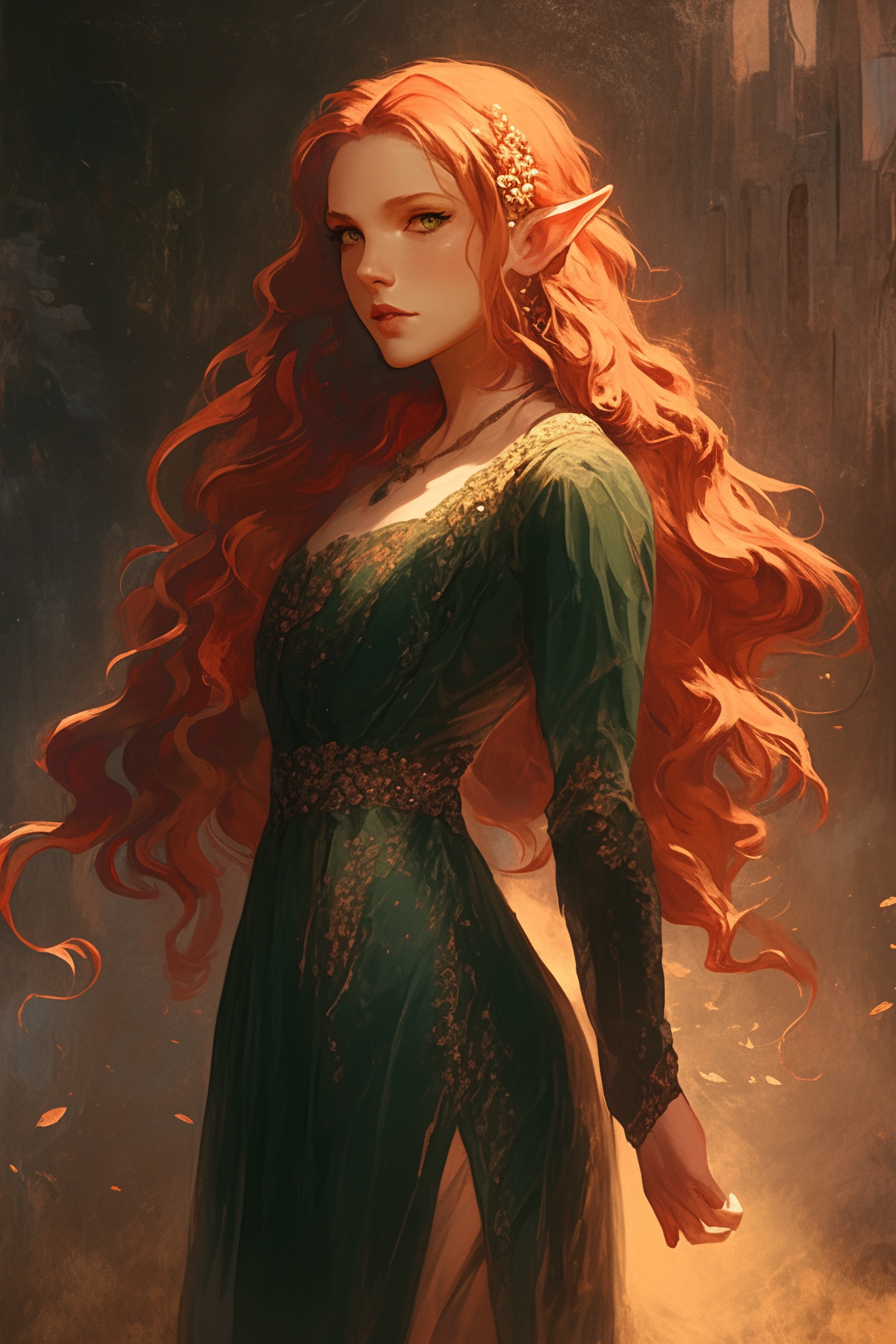 Elf woman with red hair in green dress