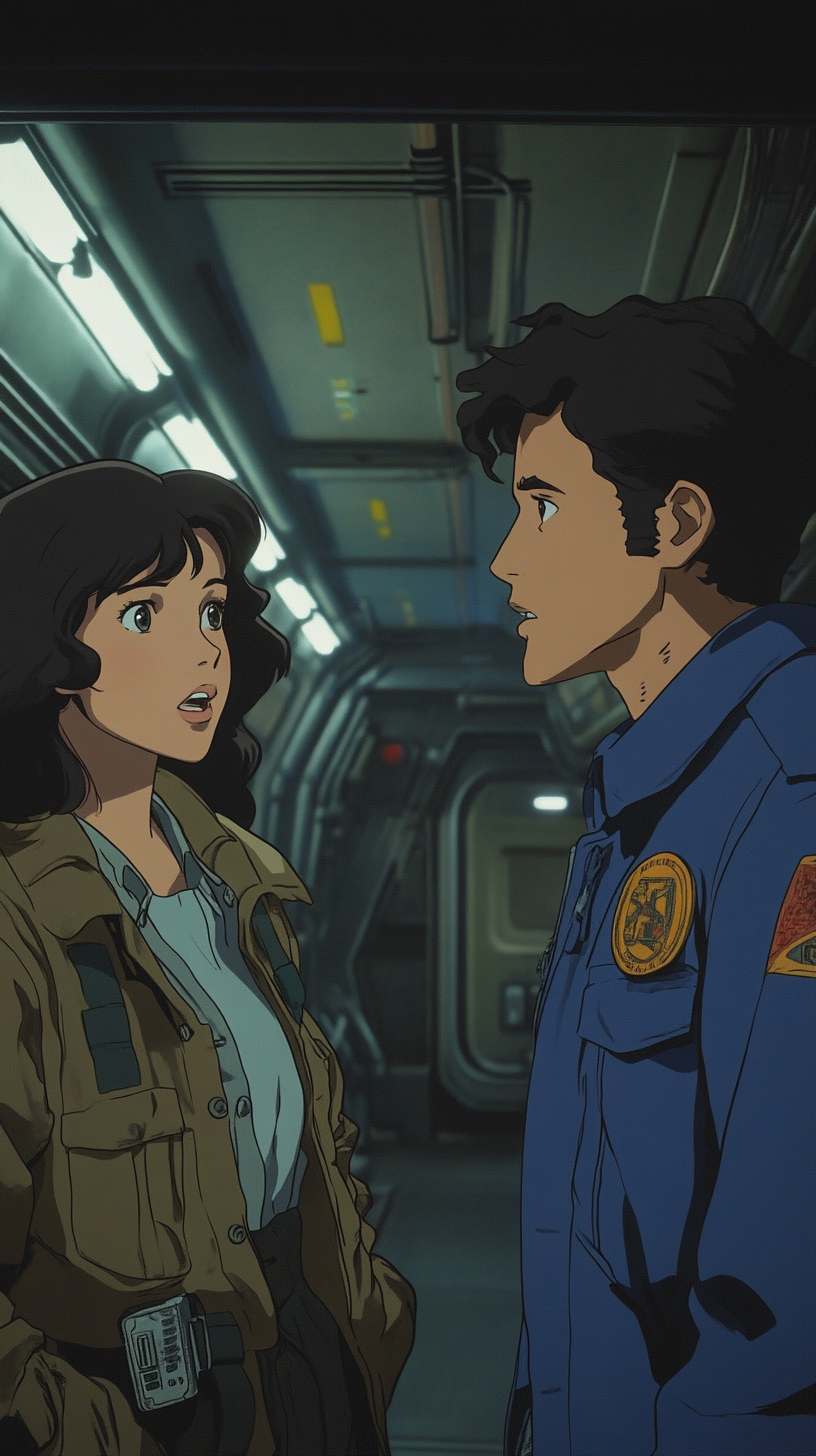 Ellen Ripley talks to a male Marshal in starship.