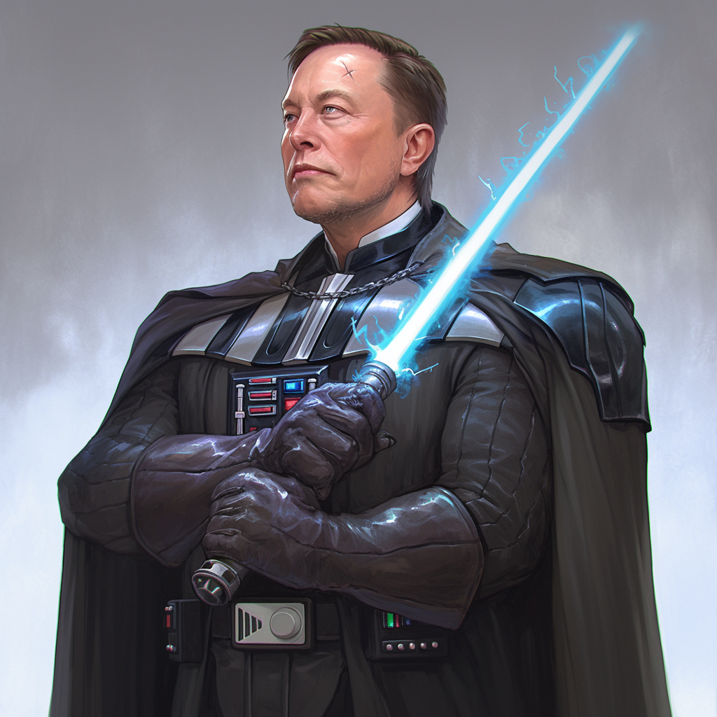 Elon Musk trapped in Vader suit, guarding wealth. Cyberpunk.