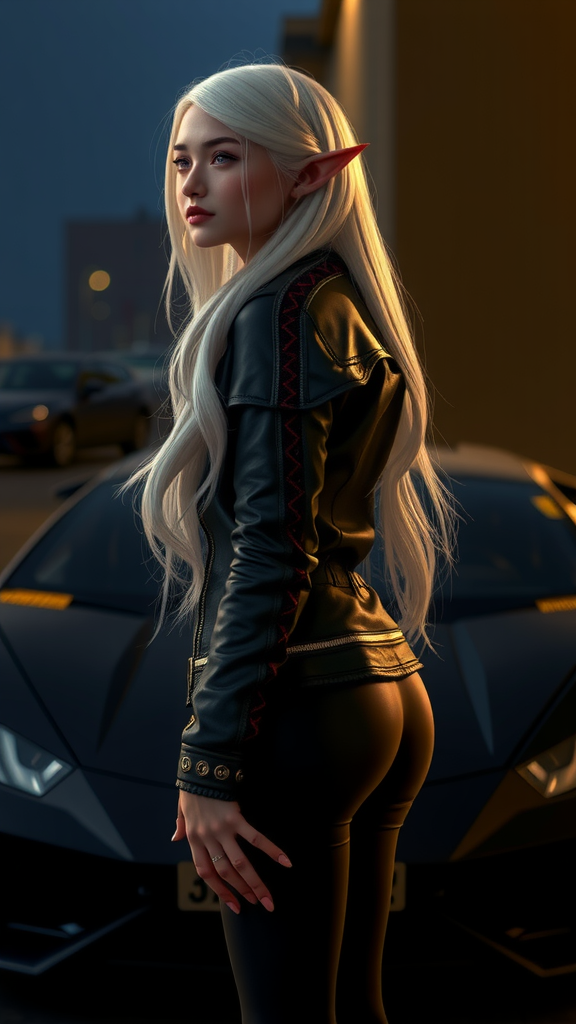 Elven girl at night with luxury car beauty.