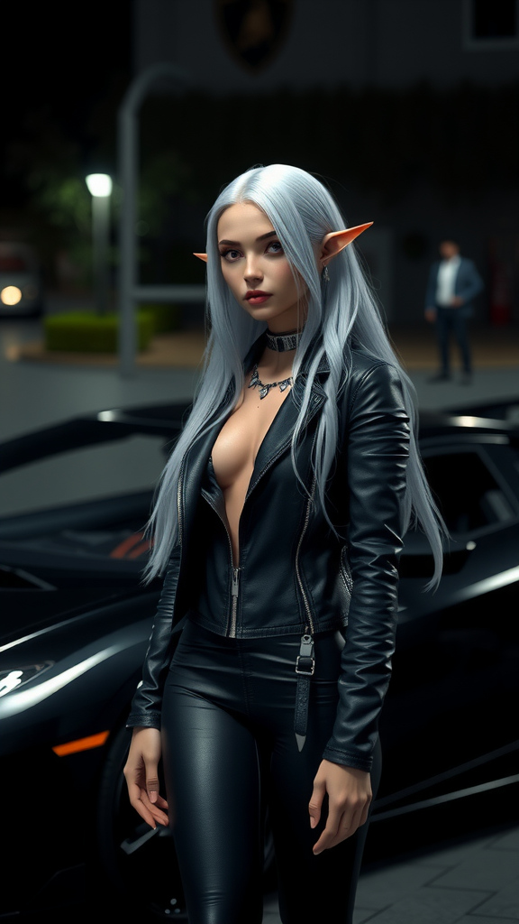 Elven girl by Lamborghini: Realistic 8K Masterpiece