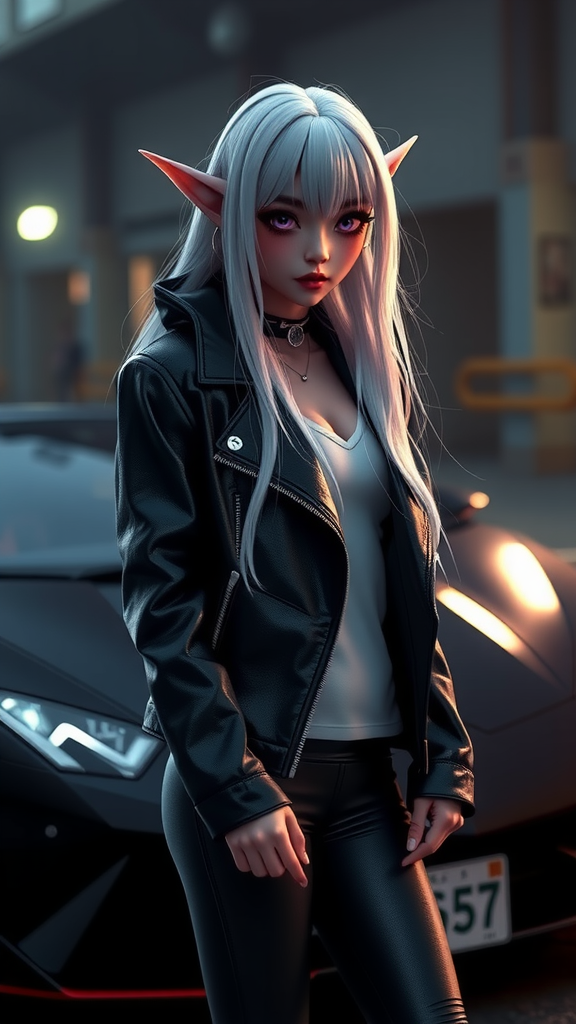 Elven girl with white hair near Lamborghini.