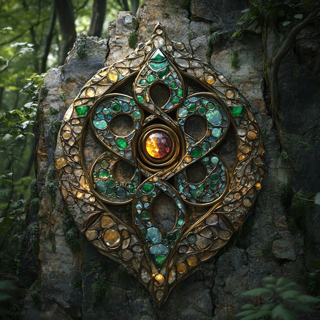 Elven ruins mosaic of gems, metals, forest triskelion design.