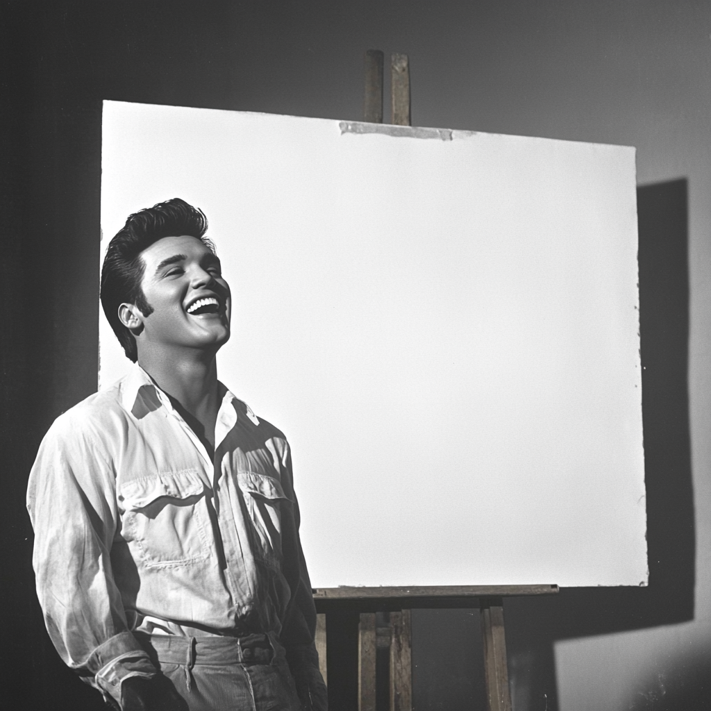 Elvis Presley laughs in front of white canvas