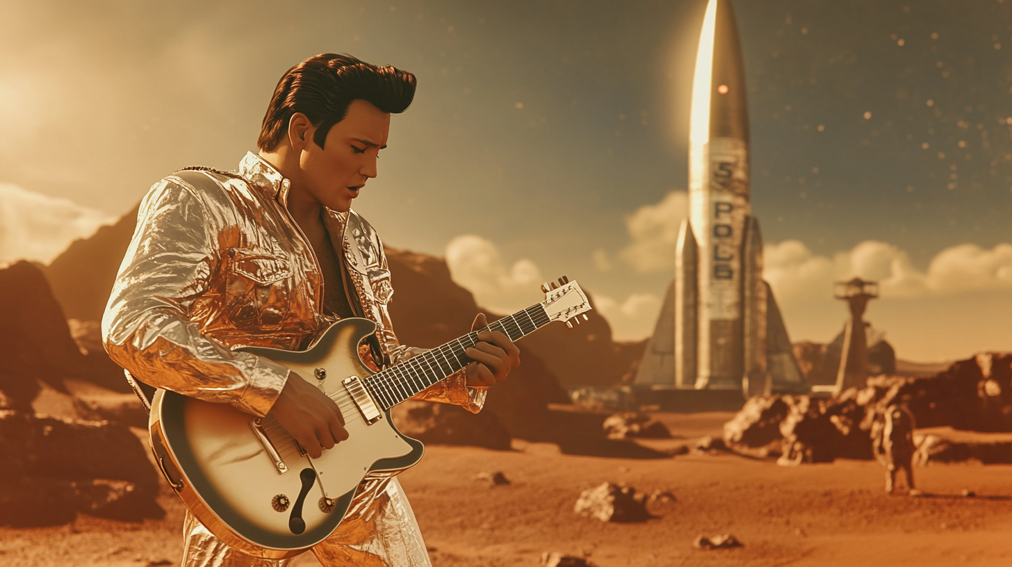 Elvis Presley singing on Mars with guitar.