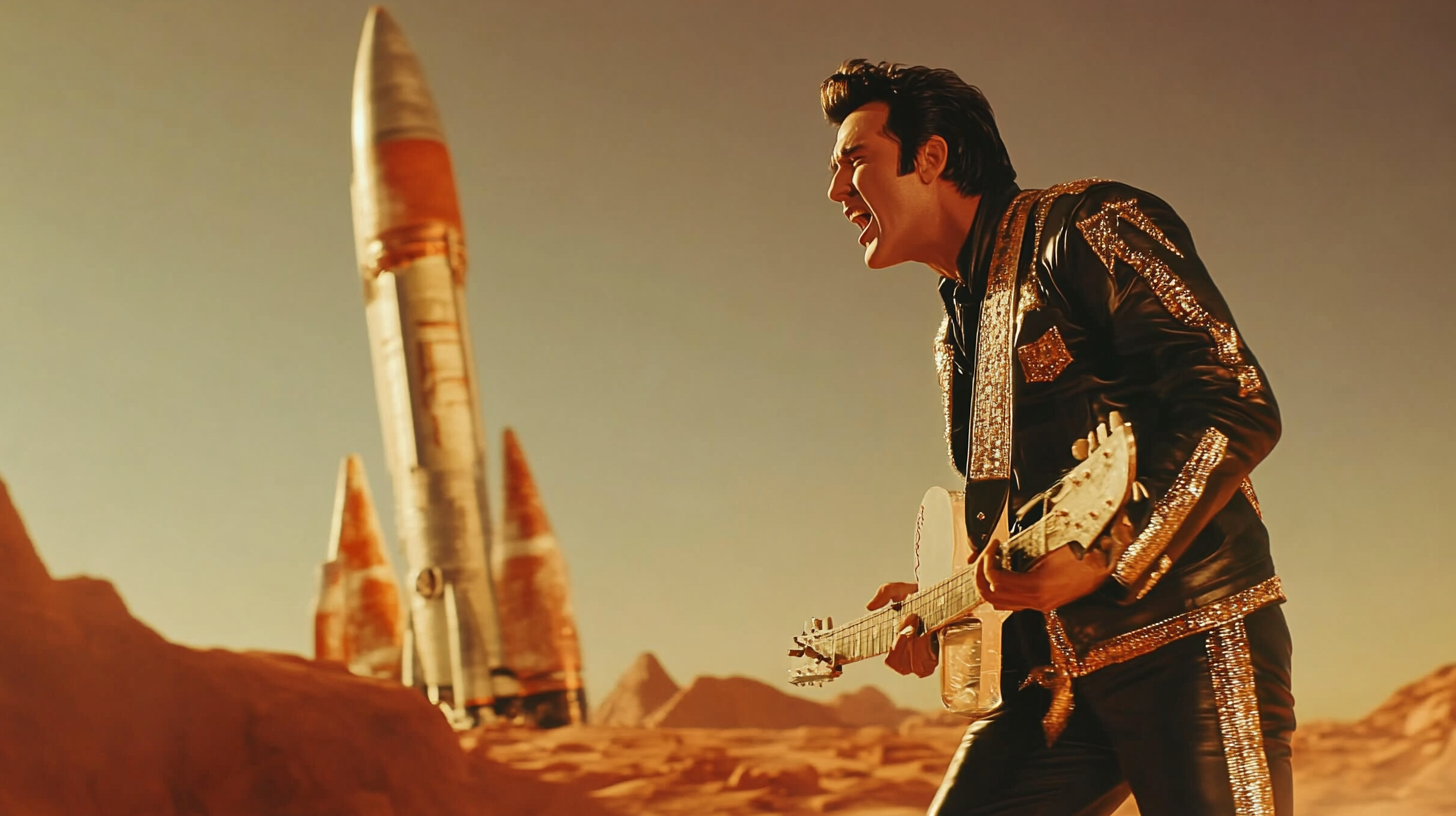 Elvis Presley sings on Mars with guitar.