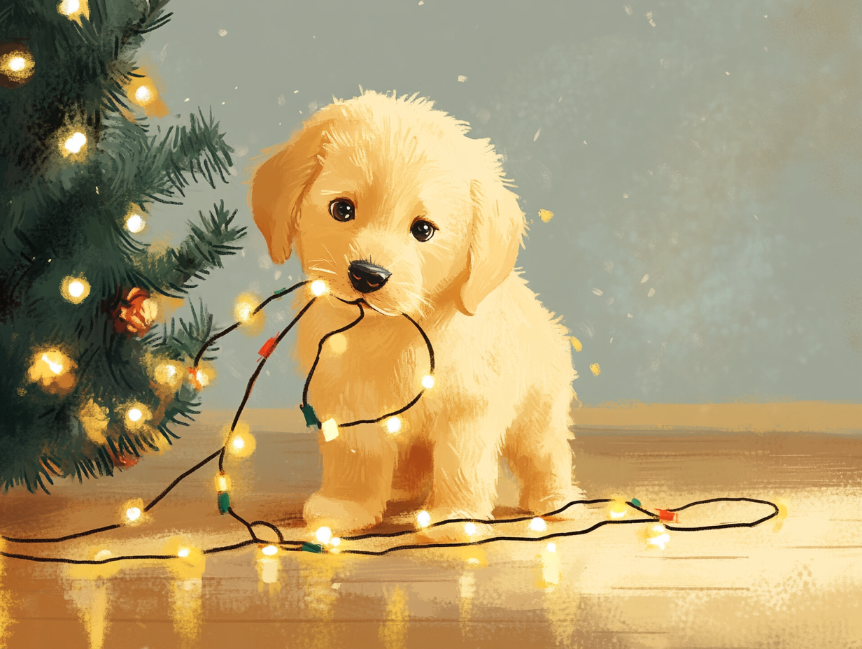 Embarrassed golden retriever puppy wrapped in Christmas lights.