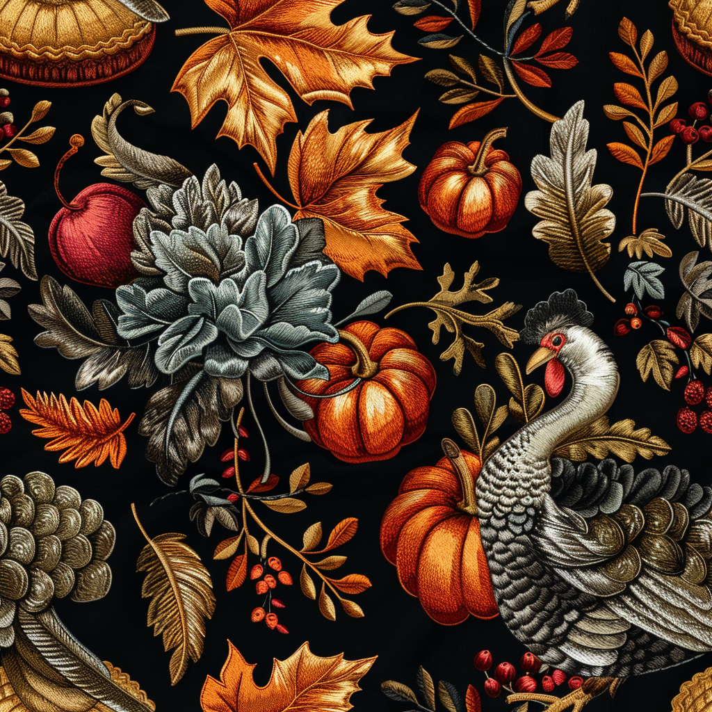 Embroidered boho Thanksgiving design with turkey and pumpkins.