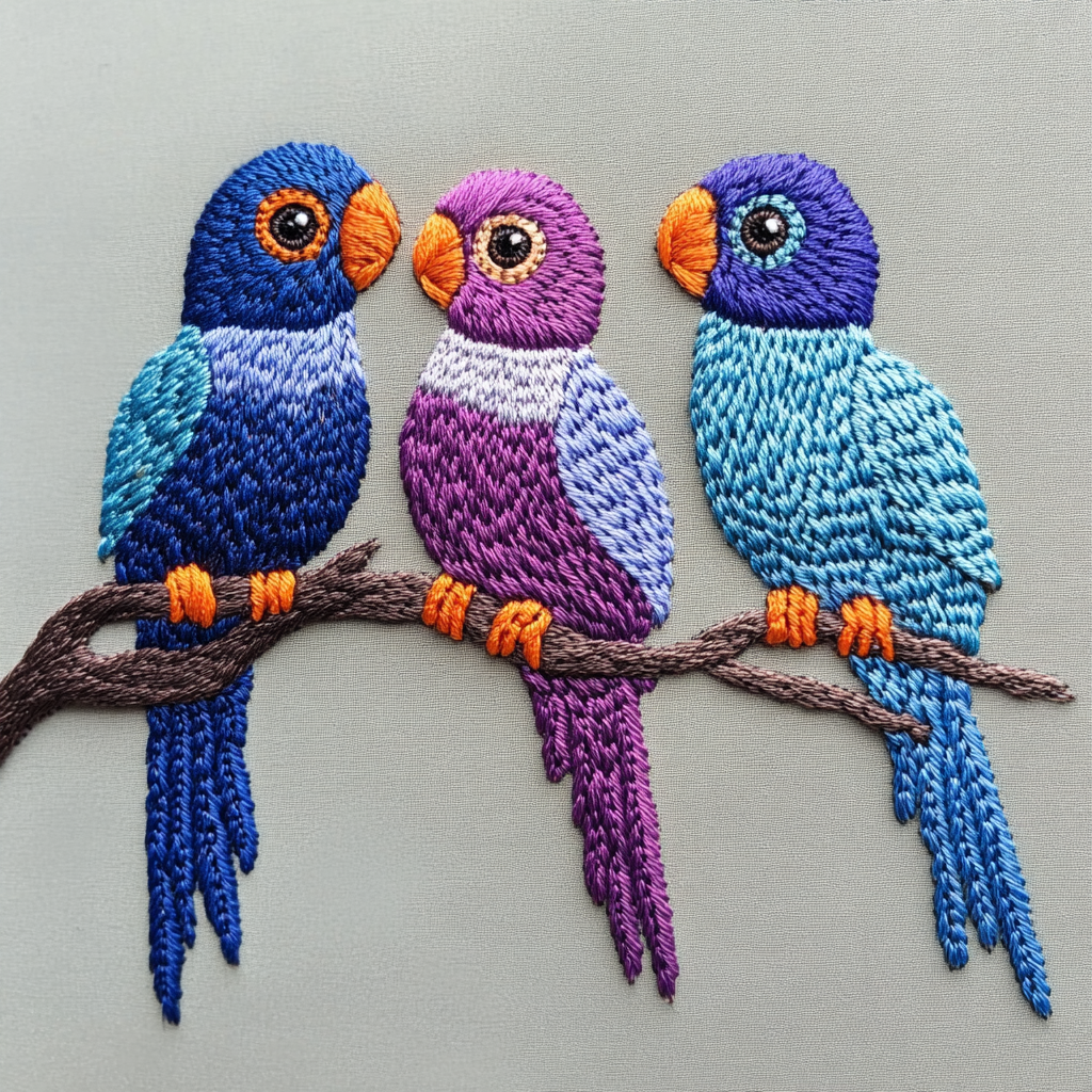 Embroidered tattoo of 3 ringneck birds on branch.