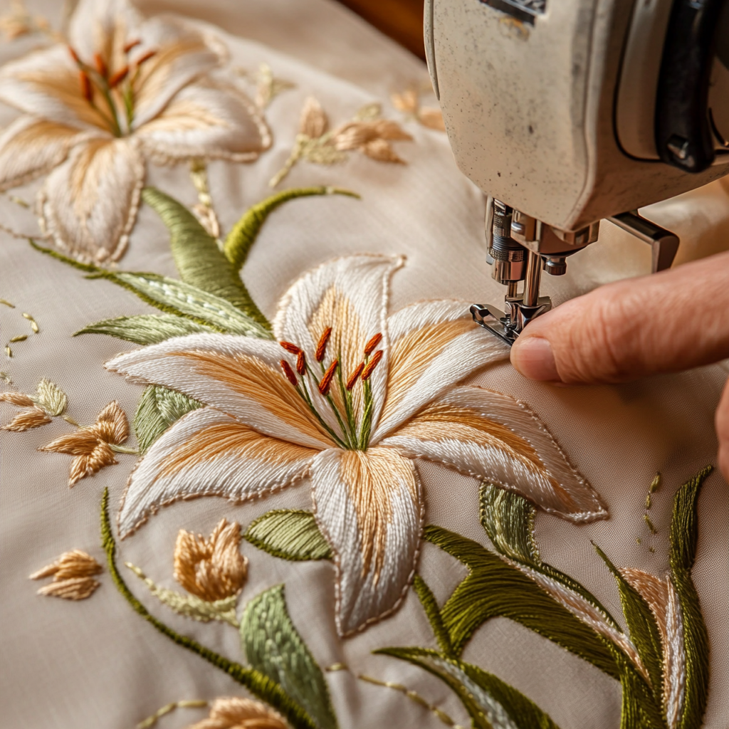 Embroidery artist creates lily flower design on silk