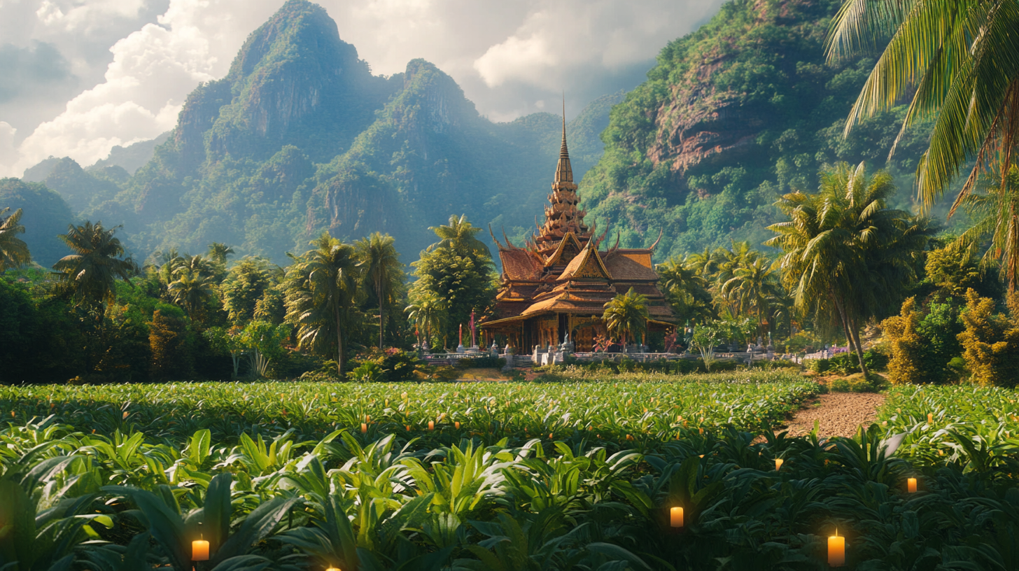 Emerald Fields, Thai Building, Candle Holograms, Vibrant Landscape