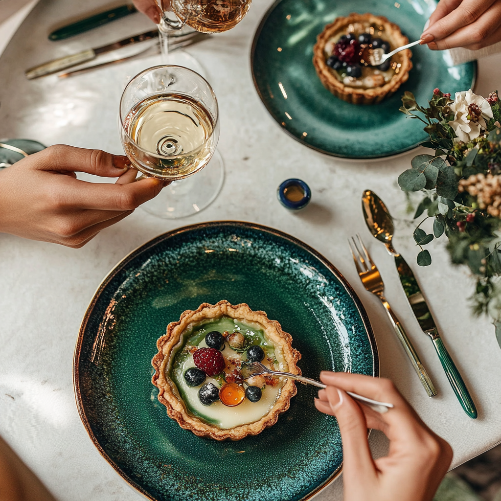 Emerald-dressed person eats beautiful layered tart, champagne glass.