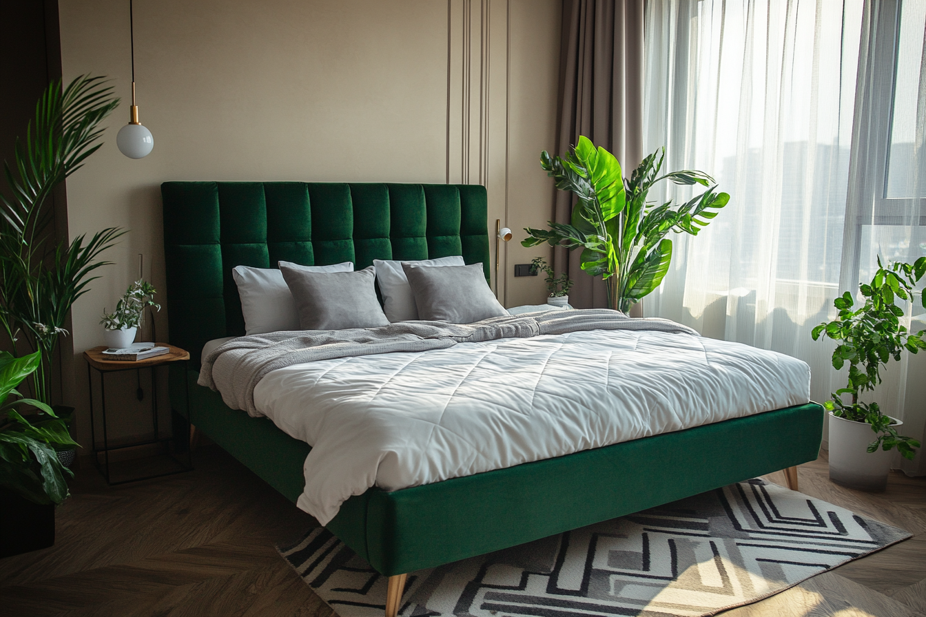 Emerald green bed with grey pillows in bedroom