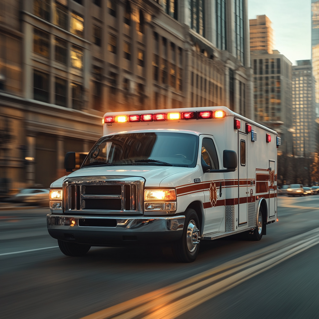 Emergency Ambulance Speeding Through Busy City Street