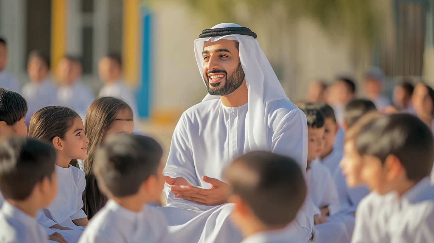 Emirati man in traditional wear talking to school kids.