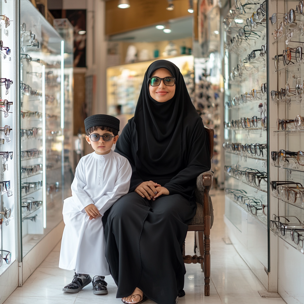 Emirati woman in black abaya at optical shop with child in white robe - Canon EOS R5 capture