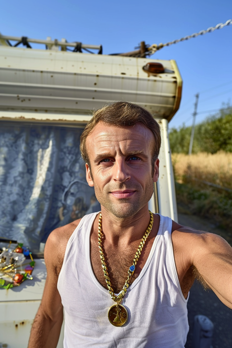 Emmanuel Macron takes selfie in front of caravan.