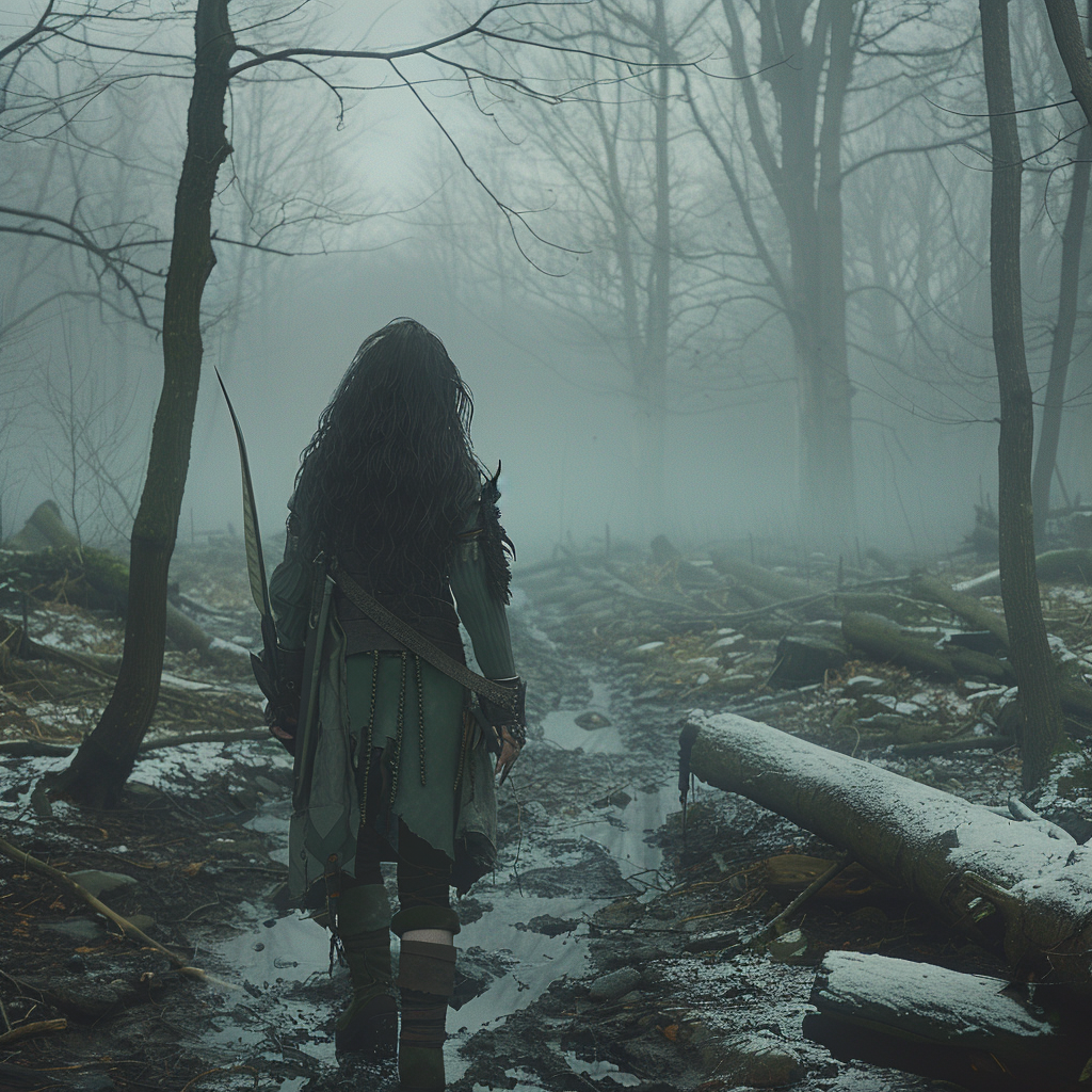 Emo elf in foggy forest with pale appearance.