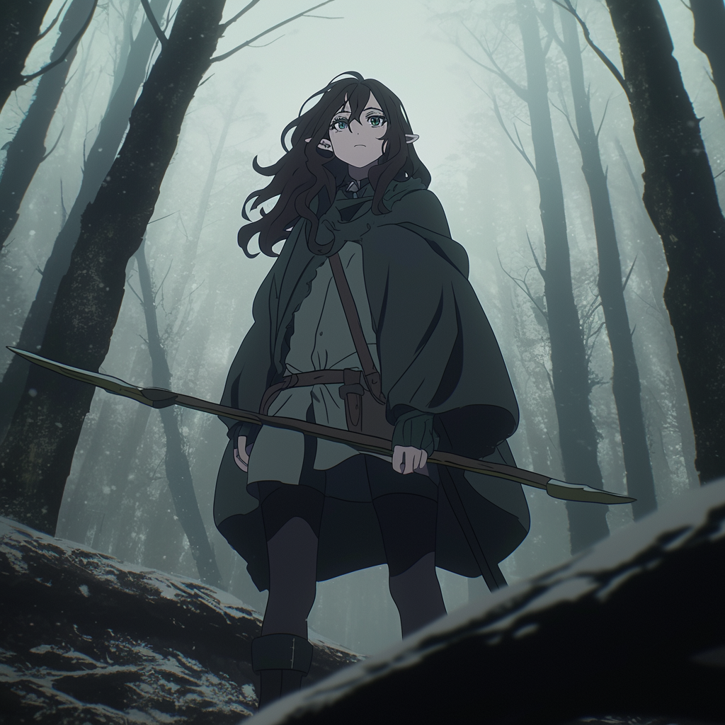 Emo elf with long hair in foggy forest.