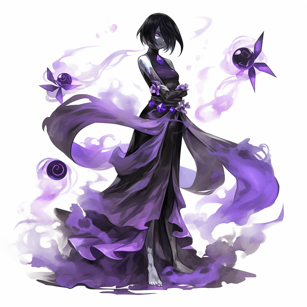 Emo pale girl with amethyst dress in D&D style.