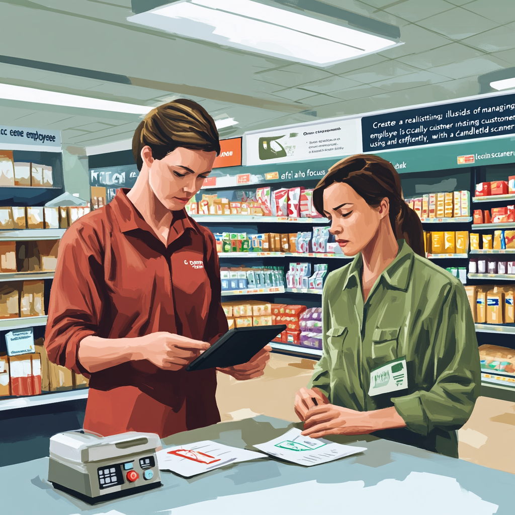 Employee Organizing Customer Data in Supermarket Scene