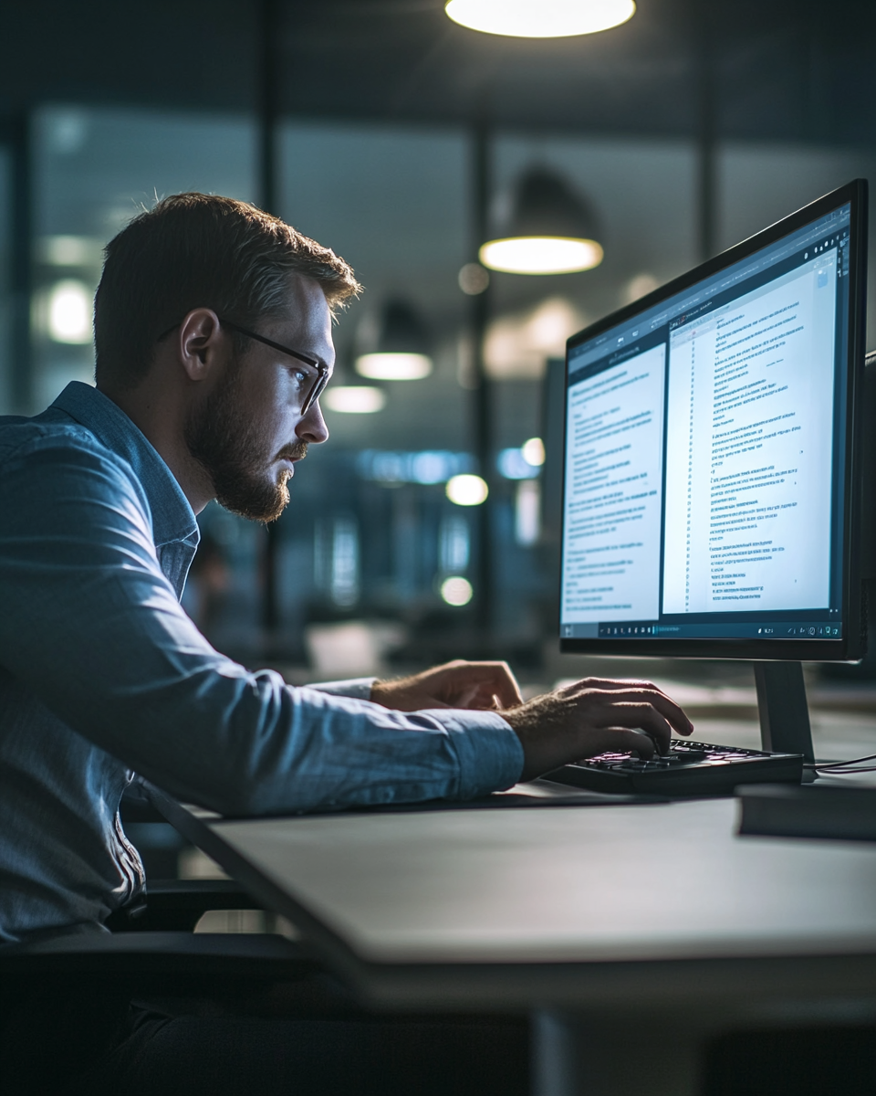 Employee focused at desk typing on modern computer.