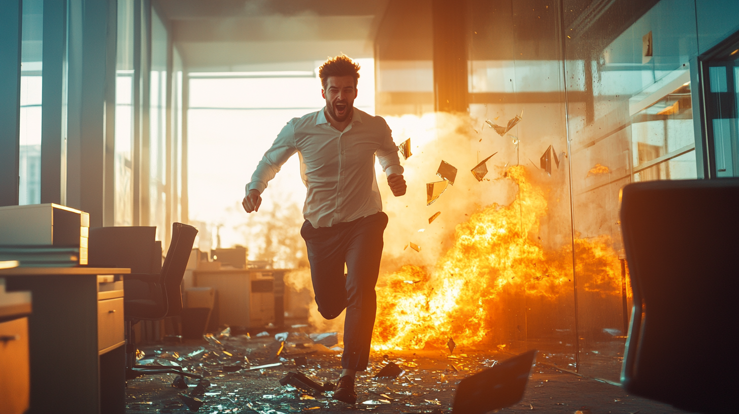 Employee happily stepping on fiery broken glass at sunrise.