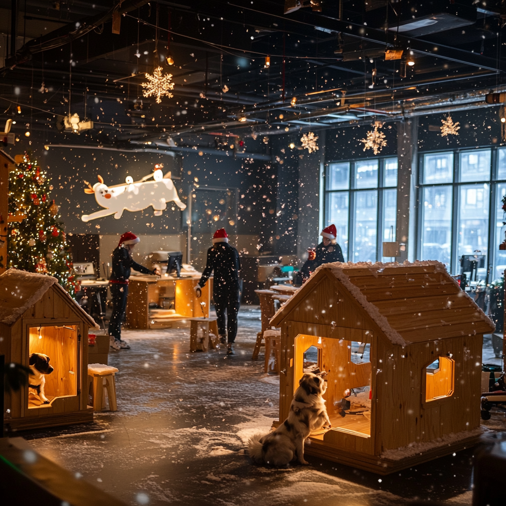 Employees build dog houses in festive Christmas office