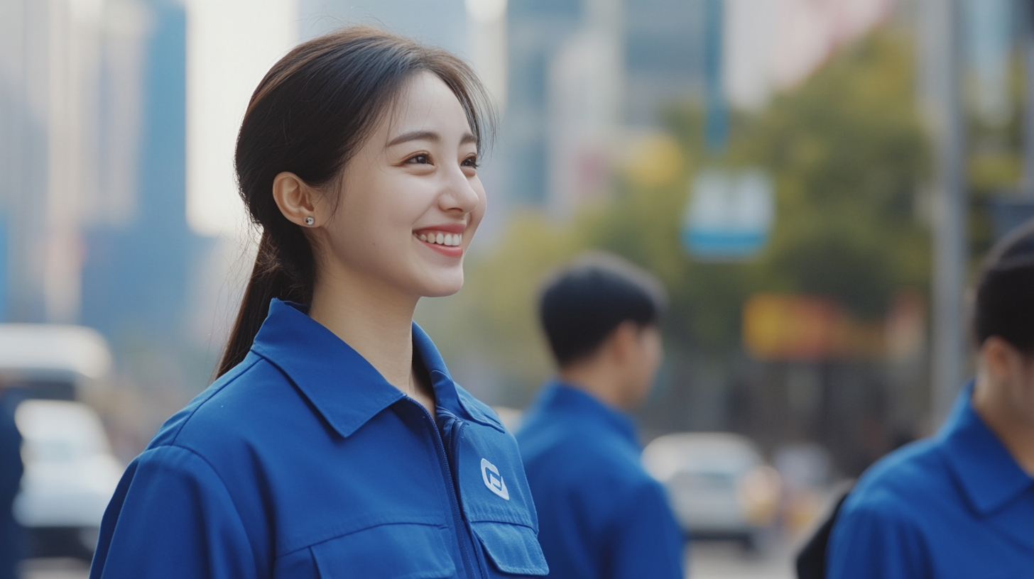 Employees chatting with customers in blue uniforms in city.