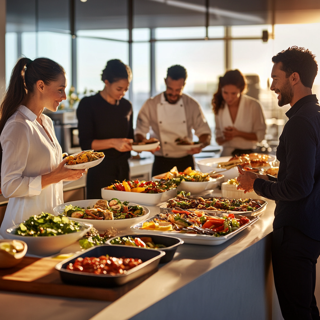 Employees in modern office kitchen, enjoying personalized meals.