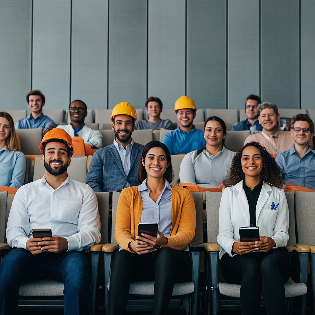 Employees smiling with tools on empty chairs in photo.