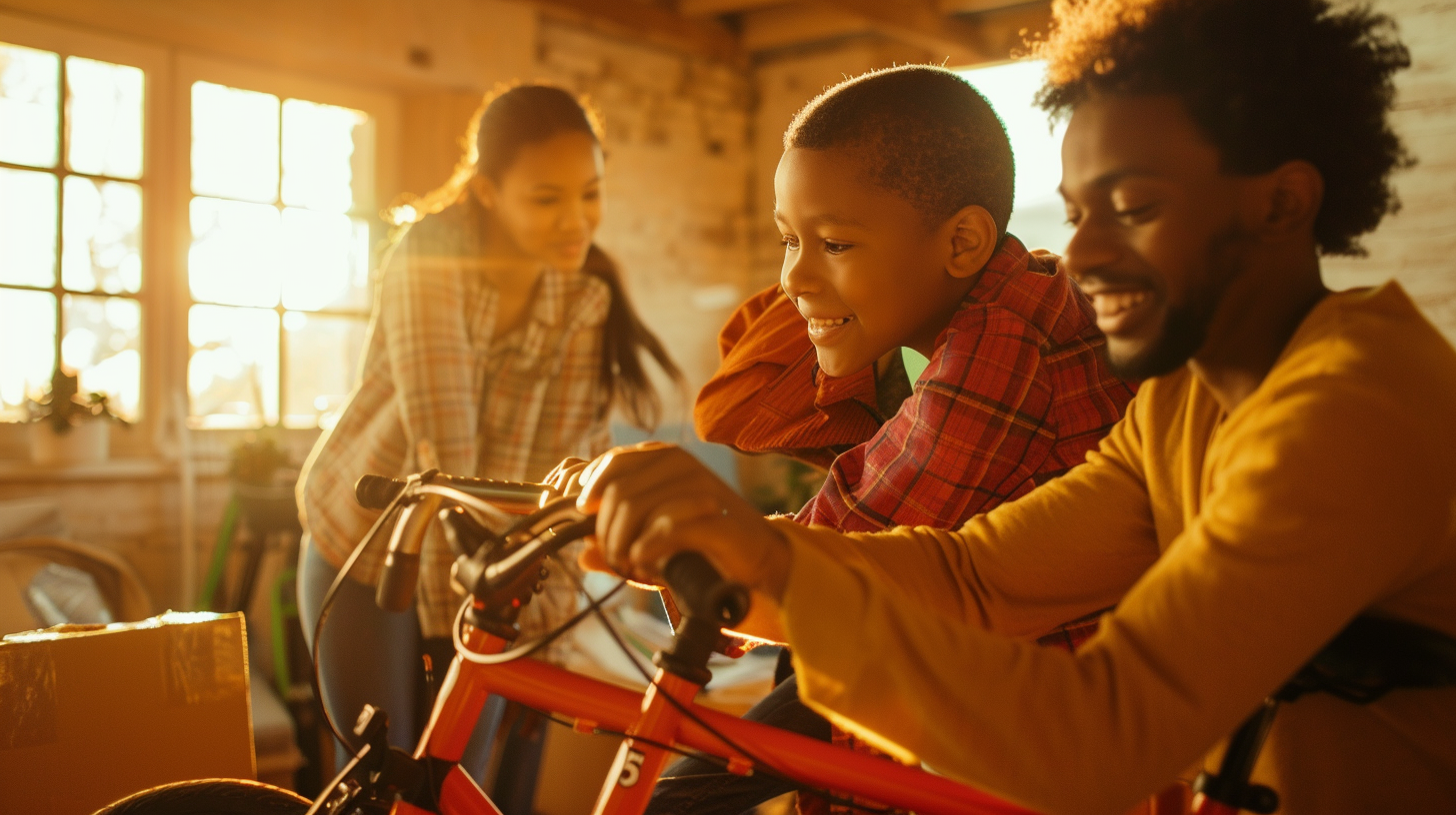 Employees wrap child's bike; family watches; morning light; vivid colors