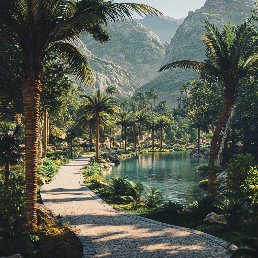 Empty, beautiful park with mountains, palms, river island.