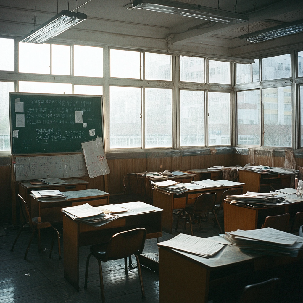 Empty, messy Korean classroom with dusty windows and books.